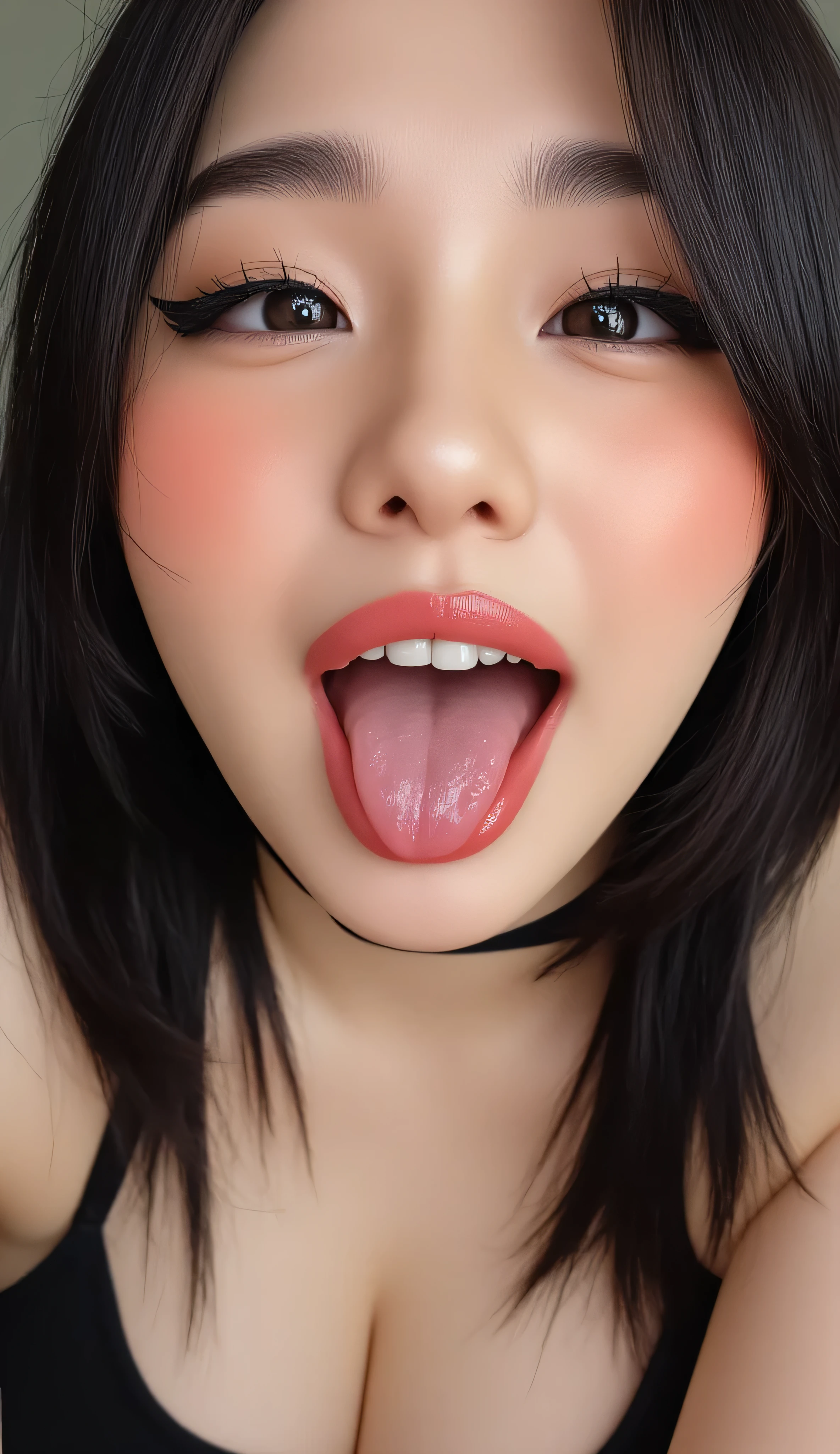 ((Best Quality, 8K, Masterpiece: 1.3)), perfect young korean e-girl streamer makeup, tank top that emphasize perfect big cleavage, cleavage line is slightly exposed, wide round-shaped cleavage line going down perfectly as being squeezed, amazing breast enhancement, refresh, hard blush make up: 1.5, perfect long strong thick winged eyeliner, perfect winged eyeliner, perfect soft cleavage, eagerly desires your cum on her breasts, tongue out, perfect , chubby chin, , beautiful eyes detail, upper body composition, perfect full red lips, lively face, lustful look, perfect squeezed breast cleavage line, rounded cleavage line, feeling exceptionally raw and seduced, perfection, perfect mascara, skin detail, she absolutely fucking loves the cum on her breasts, she absolutely fucking loves showing her cleavage to you, refined eyelashes, refined eyeliner, perfect composition, she craves you strongly, looking at you, leaning very forward, white highlight in eyes , begging, nsfw: 1.3, tongue out: 1.3, she's like "mhm you like my amazing breasts?”, extremely excited to see you orgasm, perfect soft natural like breast that gives a clear perfect soft cleavage, long eye lashes: 1.3, beautifully and perfect eye, beautiful, dazzling brown eyes: 1.3, at the verge of climax, ahegao, camera frames in whole body, thick eye brows, ahegao eyes staring at you: 1.6, standing, detailed skin