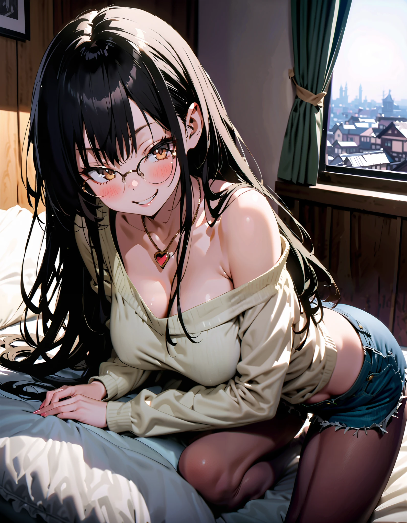 brown eyes,Glasses,smile,blush, legs , squint, smirking ,