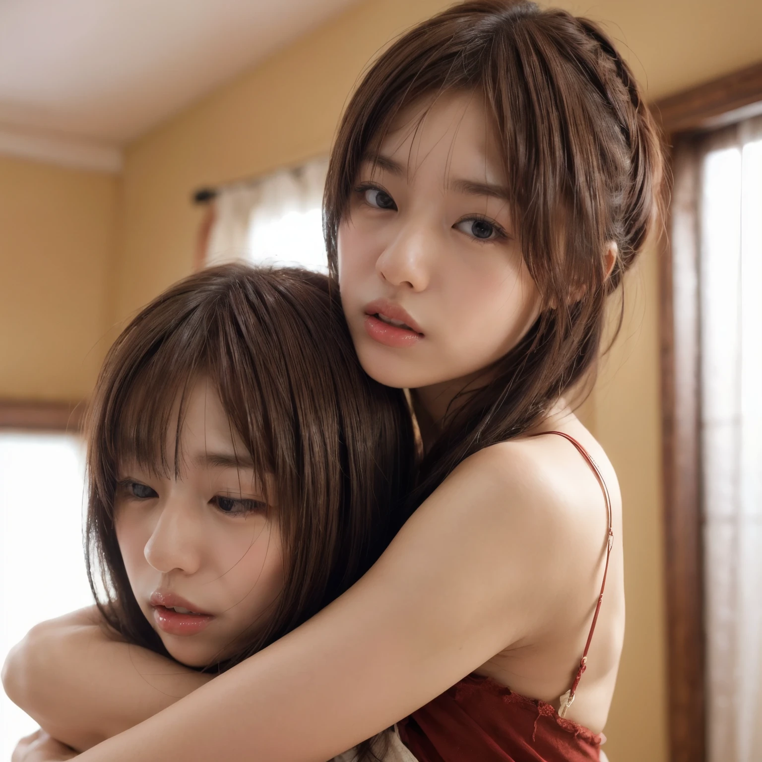 Twin sisters 、( best quality , 8k, 32K), ( RAW photo, best quality ), ( realistic, photorealistic:1.3), Masterpiece, 8k、 RAW photo、(Masseter region)1.5、( best quality )1.5、 high resolution、 looks up at the ,(With a girl)、( realistic、 photorealistic:1.5), ( close my eyes ):1.0, ( open mouth ):1.5. Real、 hug them from behind 、 upper body、 black hair, 19-year-old Japanese , is cute , White cotton sleeveless、 skinny、s(())1.8、 close my eyes 、深いsorrow、sorrow、空を looks up at the 、shout、bedroom、 Blur Background