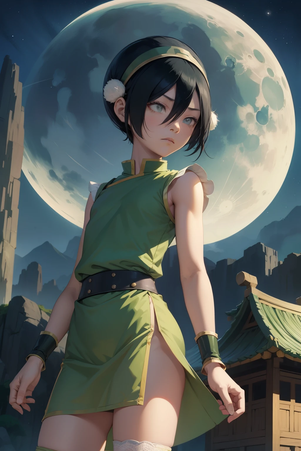 Toph Beifong ,1girl , small height , body , anime , masterpiece , black short hair , blind , jaqueta aberta open clothes ,disappointed face , solo, skinny body, gren , flat chest , china dress, pelvic curtain , looking at viewer , night, moon background . Garterbelt, Lace stockings.