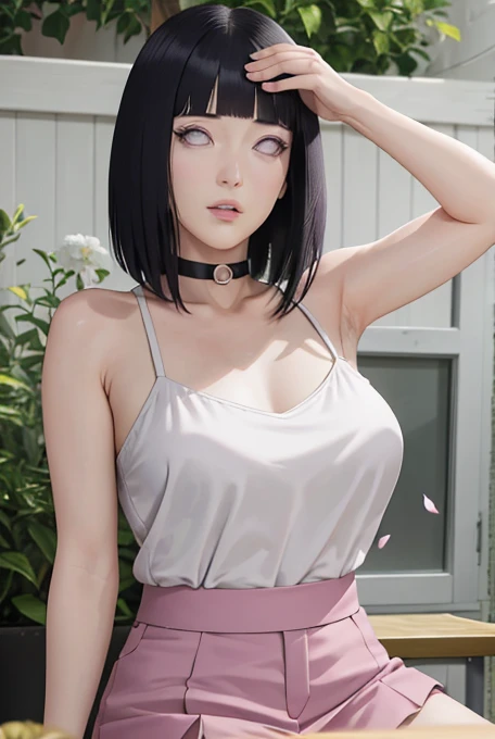 masterpiece, absurdres, hinata\(naoruto\), 1girl, solo, Yong naked female, topless, high waist short skirt, looking at viewer, (falling petals), perfect composition, detailed lips, naked breast, beautiful face, body propotion, blush, (pink lips), long hair,  purple eyes,  soft gaze,  super realistic, detailed, photoshoot, realistic face and body, thighhighs, nude breasts, naked body 