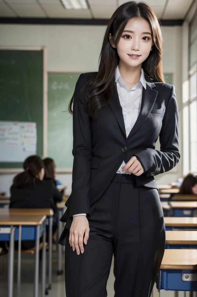 4k,8k,16k,32k,64k, high-resolution ,realistic, photorealistic, RAW photo,ultra realistic photo ,Best Quality, High Quality,Ultra Quality, 8K Portrait,CG unity 8k wallpaper, insanely detailed beautiful kawaii face ,Japanese , governess,20 years old, huge breast, voluptuous ,(Woman's black Suit tight skirt),frontage,cowboy shot,Classroom
