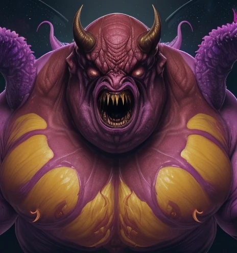 (Best high quality image, very detailed image textures and pixels, carefully detailed, junji ito aesthetic)
{{(1monster: red monster evil god): (obese eldritch appearance, multiple mouths full of teeth, multiple muscular tentacles full of multiple fat tendrills with golden claws, multiple mouths with purple tongues, pink tentacles, tendrills in every side of the body, growling, laughing), (deep space realm))}}