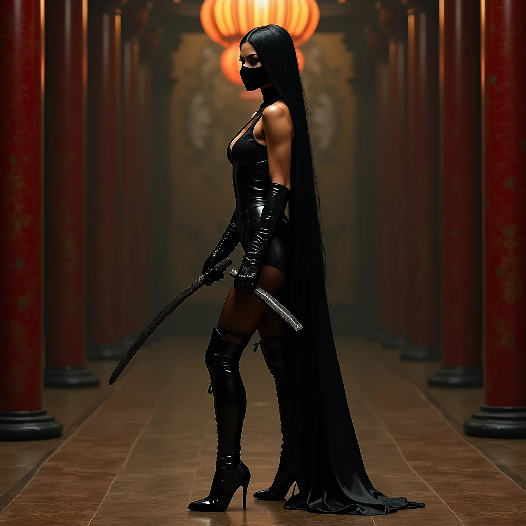 Full body shot, ninja woman, nice legs, Waders, katana, black fur, oriental features, big chest, realistic photo, hyper real, super detailed, masterpiece, dim lighting, high contrast