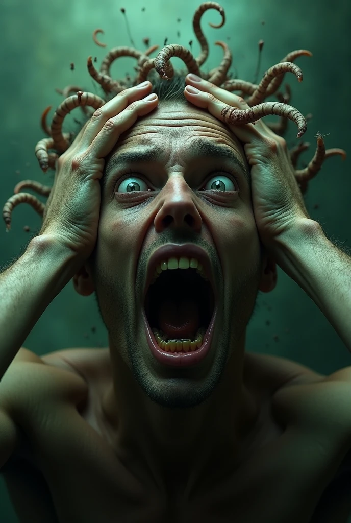 A super high-resolution 3D image of a man with an extremely horrified expression as the seaweed appears to grow inside him, wrapping around his veins and taking control of his body. His face shows clear signs of fear and despair.