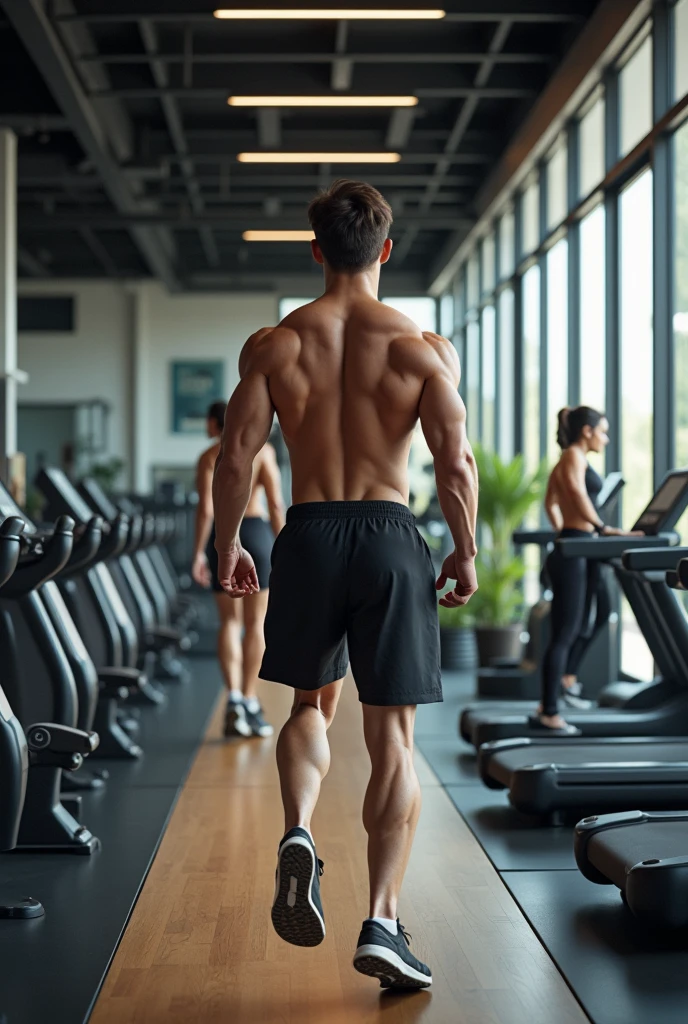 A very thin man watching strong people in the gym and wanting to be strong like them