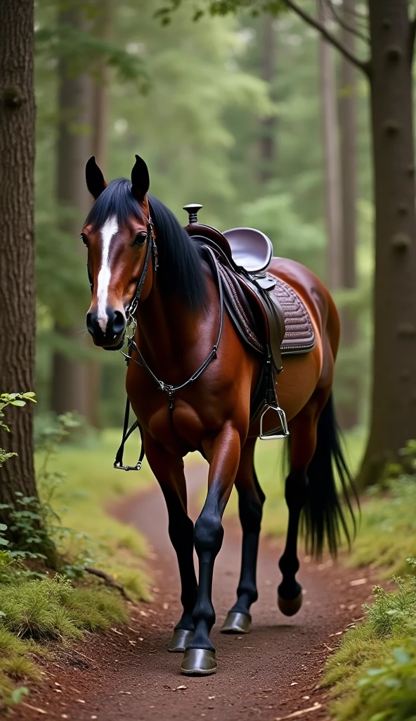 A majestic chestnut horse, with a sleek black mane and a distinctive white blaze running down its nose, walks steadily along a narrow forest trail. A dark brown leather saddle with detailed stitching is secured on its back, the stirrups swaying slightly with each step. The forest is dense, with tall trees on either side of the trail, their thick canopy filtering the sunlight into soft, dappled patches on the ground covered in dry leaves and moss