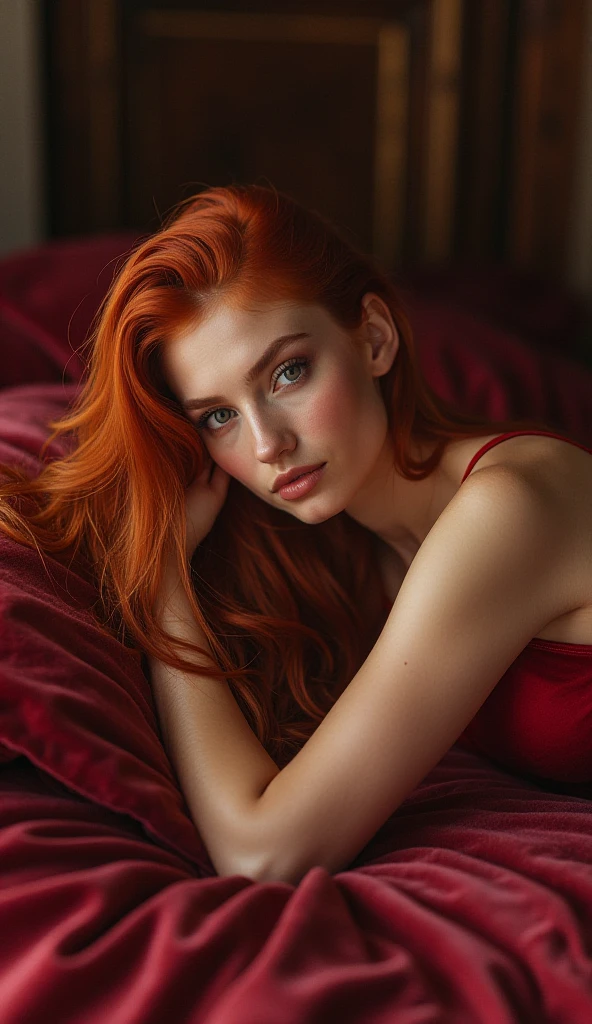 Arafed woman with red hair lying on a red sheet, mujer redhead, chica redhead, soft red skin, hermosa mujer redhead, redhead, diosa redhead, ella es redhead, Anna Nikonova alias Newmilky, sensual and beautiful incubus, with pale skin, redhead, Red hair and attractive features, One is redhead, on red background, Red Hot, bncbchmp