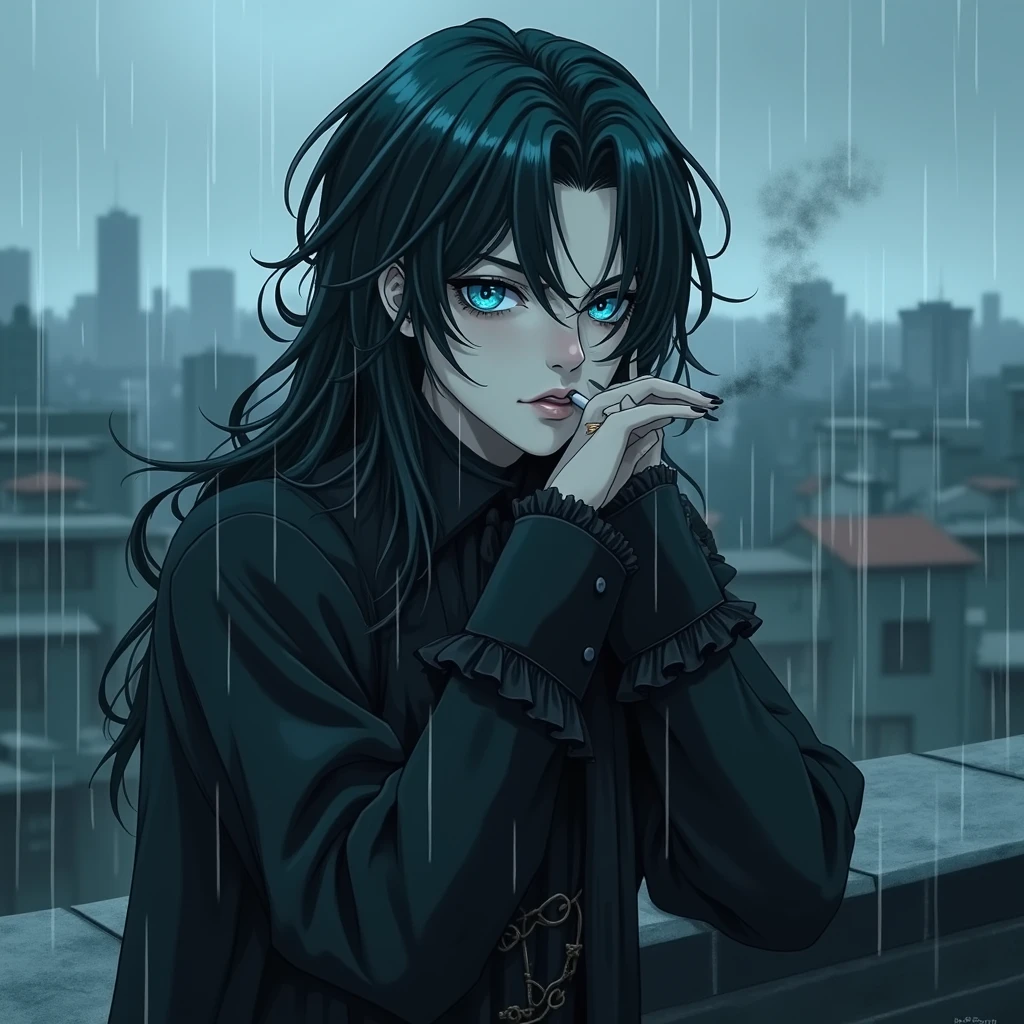 A sexy male with teal blue eyes and long black hair, with a nice and delicate face, dressed in gothic clothes, his skin is pale and snow white, he's smoking while leaning back from the edge of the rooftop. It's raining. He looks all gloomy. anime style. (((gloomy effect)) ((despair)) ((depressive)) about to jump off the roof. looking down.
