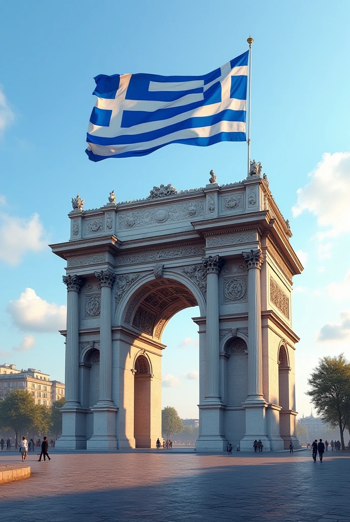 a city with a building, with the flag of the country Israel, flag of Israel waving in the wind