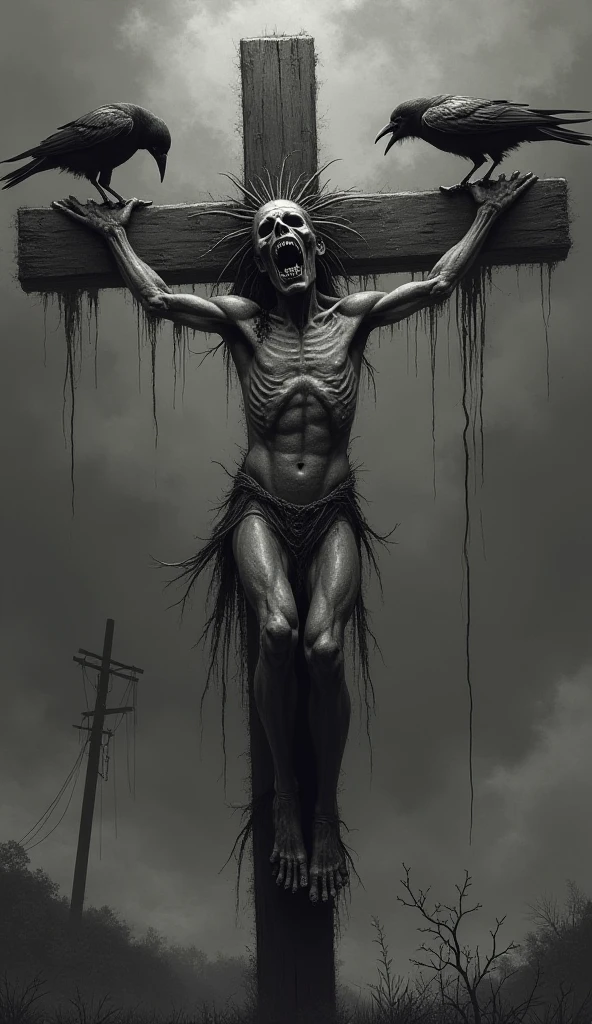 Draw a picture of Jesus with an expression of deep pain and suffering. Show the marks of the crucifixion, with a crown of thorns on his head. Your eyes should reflect sadness and compassion. Use a dark background to intensify the atmosphere of sacrifice and suffering. The image should convey the depth of your pain, but also the strength of your love and sacrifice