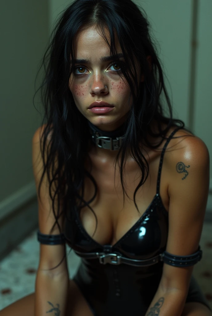 (masterpiece:1.2, Best Quality:1.2, full body shot), ((Selena gomez, super beautiful woman)), (Colossal tits:1.3, Huge boobs:1.3, Huge breasts:1.3, gigantic cleavage breasts:1.5), body wet, oily body, tangled uncombed hair, wild messy hair covering face, long hair bangs on face, black mascara smearing down face and breasts, black makeup smearing down face and breasts, (Detailed face, Detailed skin texture, Perfect slim body),            (Full body shot: 1.1), Moaning in pain, feeling pain, tears flowing, sore, crying in pain, , screaming of pain, moaning harder, open mouth, mouth moaning, sexy moaning, face covered in white slime, body very sweaty, body very oily, small leather thong bikini, small leather underwear, lying on her back, wet skin and hair, 1girl, wide hips, Big , big ass, (Best Quality, 8k, Masterpiece: 1.3), Clear Focus: 1.2, Highly detailed face and skin texture, detailed eyes, double eyelids, (ponytails hair), ((she is tied to the bed with ropes :1.4)), small leather bra BDSM, bondage, nudity, (wear latex leotard and black stocking whit high heels), (in a erotic hotel room), (illuminated with neon lights)