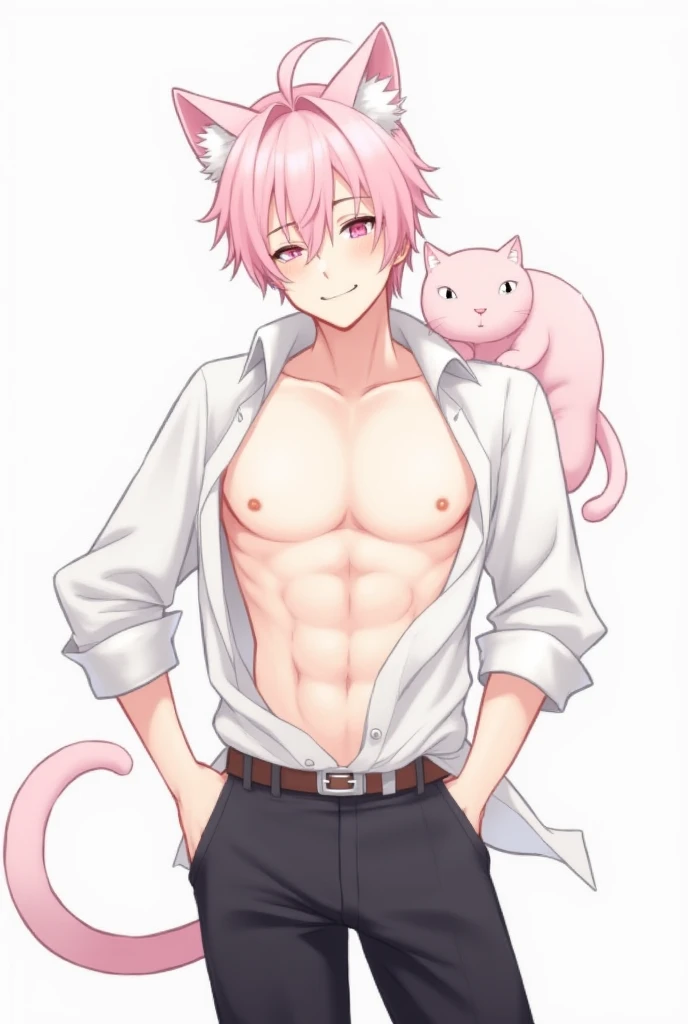 Muscular male wearing cute pink panties and thigh high socks, has flowing white hair, has wolf ears, has wolf tail, wearing lingerie, sweaty, is alone, solo