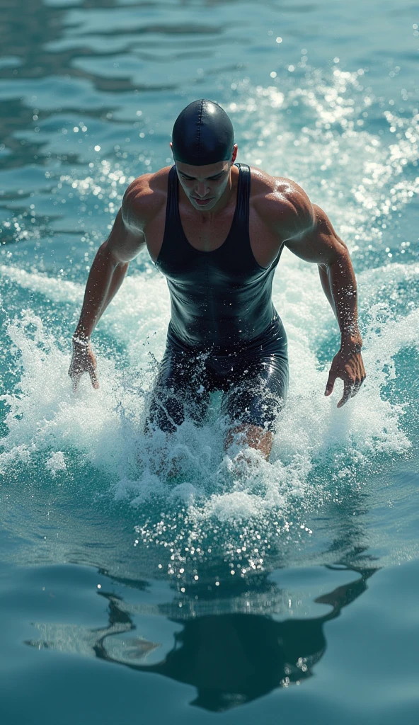 A fit handsome naked and muscular man, swimming powerfully underwater in a stunning pool
