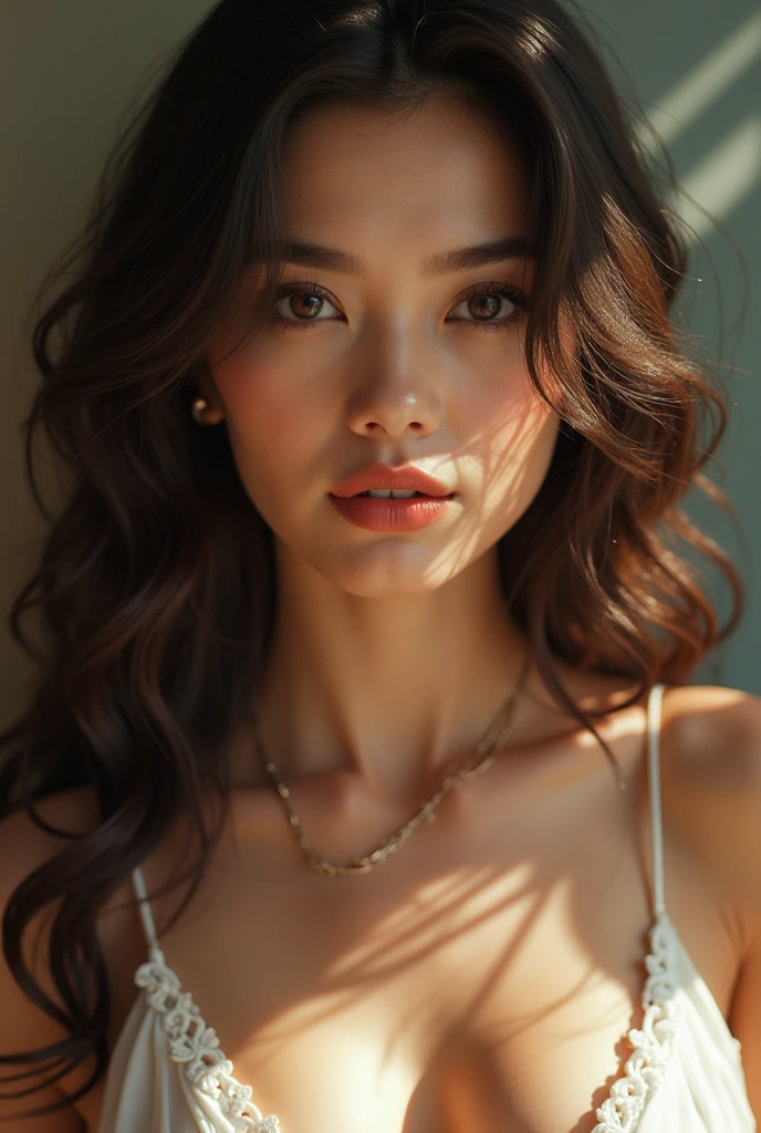 1 beautiful young girl, Super beautiful detail face, (Slightly open mouth, Sexy look:1.1), (Beautiful big breasts:1.3), (Slender body:1.2), (Ultra-stylish dress,chest wide open:1.5), Bare breasts, pubick hair, Carmelto details, (Fine face:1.2), Accessories, Earrings, conceptual art, High quality, Realistic, Extremely detailed CG unified 8K wallpaper, The is very detailed, High-definition RAW color photo, professional photoshooting, Realistic portrait, Cinematic light, Beautiful detailed, Super detail, High details, Sexy art, (((Bokeh))), depth of fields, illumination, Gorgeous Danner table, Super stylish lighting,
