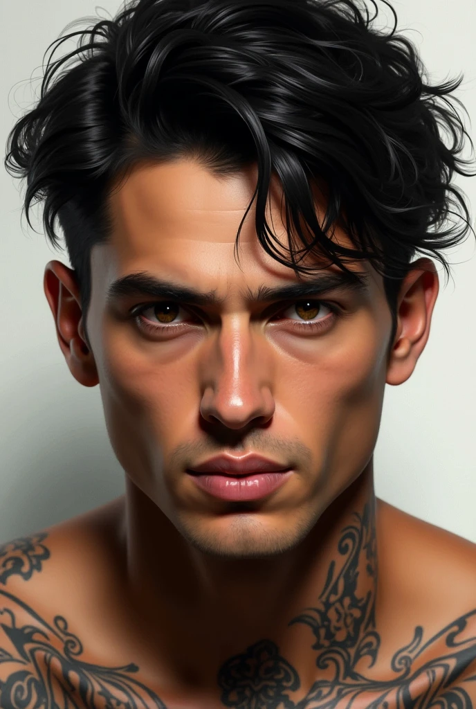 A man with short wavy black hair with brown eyes, with a tattoo on the neck , with a passionate expression