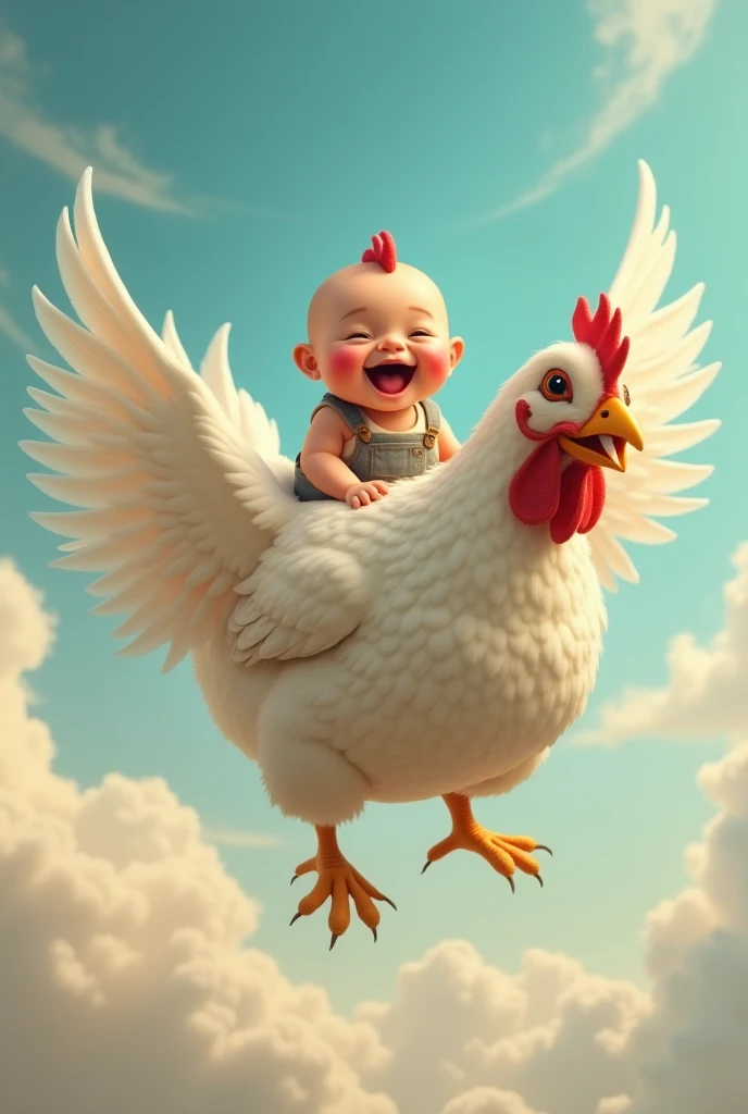 Small Person Riding Chicken A baby that looks like real fat funny riding a flying chicken - SeaArt AI
