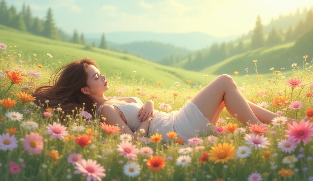 A girl sleep on grasslands 
Very pretty body totally clotheless 
Stretching leg realistically big breast big hip area