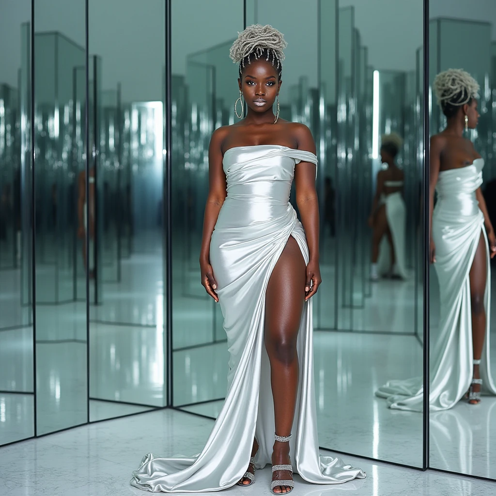 Pas de changement de face, seul la robe, les mains, les cheveux doivent etre modifier... les mains parfaite elle tient un micro, The dress must be more expensive and more modern and shorter, la laisser en blanc, les cheveux des dreadlock. Improves proportions