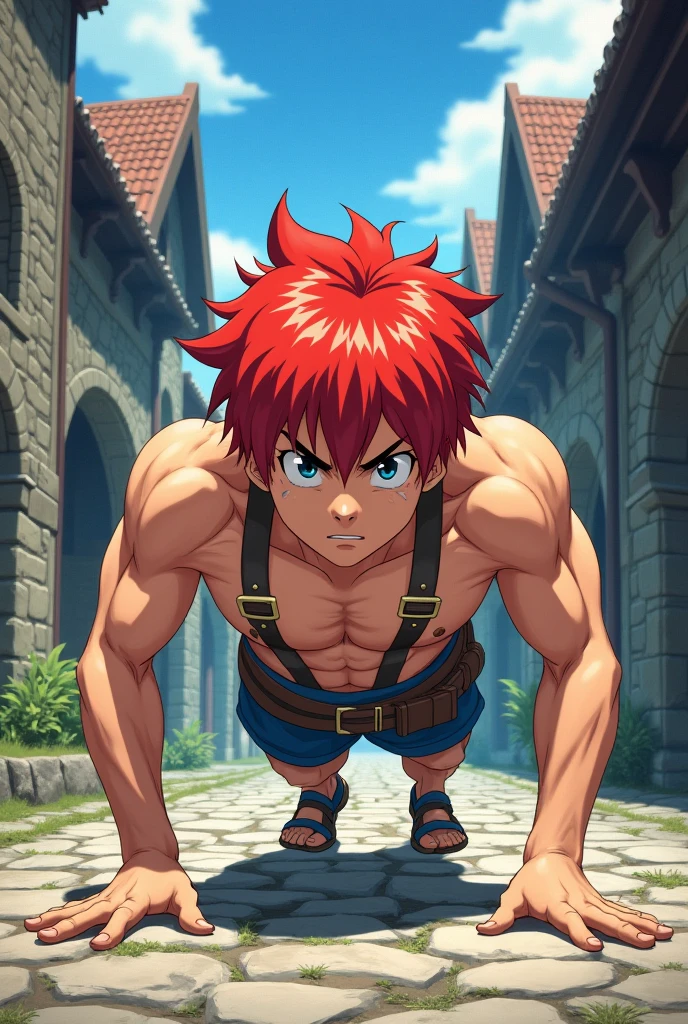 Make a robust  boy with muscles and cinnamon skin with red hair Also 2d anime style of baki He is the son of Yujiro Hanma