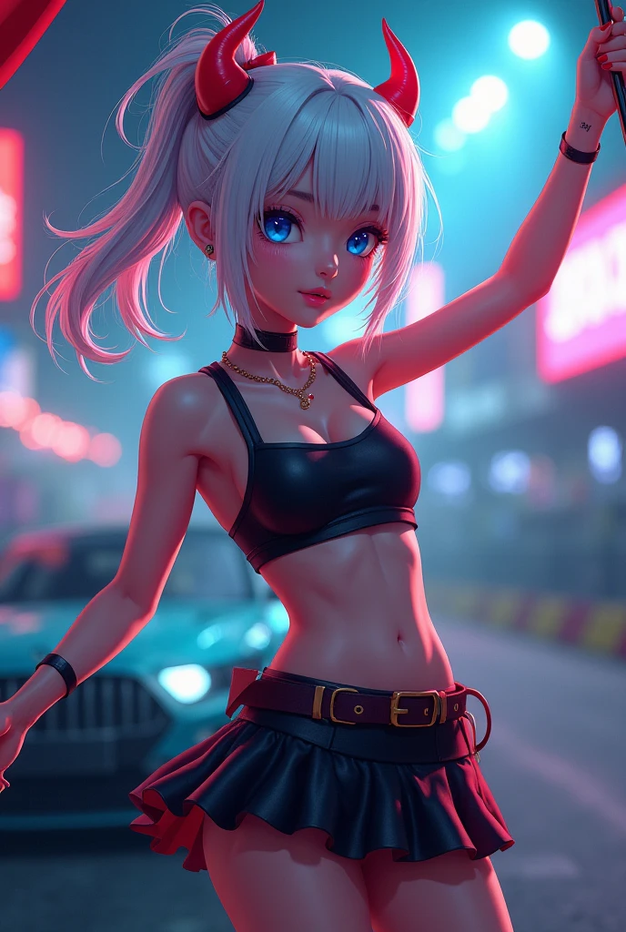 (heavy blushing), ((luminous design)), sitting, legs spread, white hair, yellow eyes, seductive expression, (((cartoon))), ((cel shading)), (lewd), (ecchi), multicolored hair, sneakers, underboob, (cyberpunk), (punk), large breasts, butt, neon skirt, slim, lithe, athletic, choker, rave, wristband, sexy, submissive, ((natural lighting)), (radiosity, ambient occlusion, anisotropic filtering), ((hdr rendering, vector, digital art)),