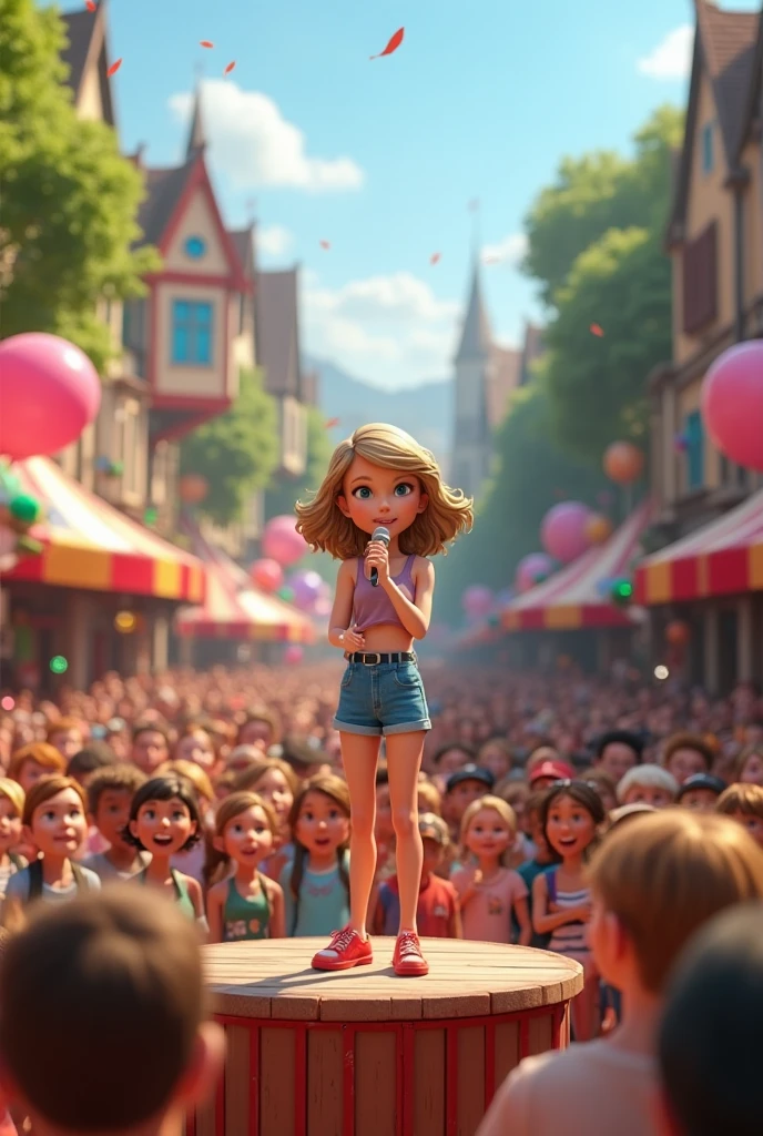 "(best quality,ultra-detalhado,Realistic:1.37),3D rendering,illustration,design de personagens,cabelos curtos e cacheados escuros,belos olhos detalhados,wearing white glasses,Estilo Pixar,morena mulher,Dancing on the Disney stage,atmosfera animada,vivid colors,luzes de palco,expression joyful"