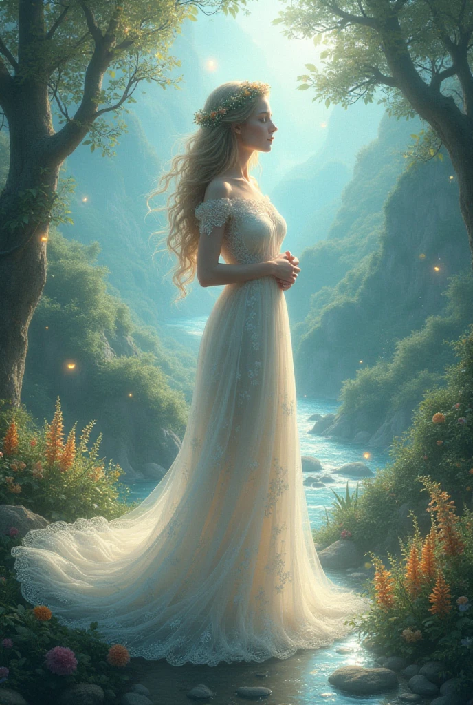 a woman in a white dress standing in a forest, fantasy digital painting, yuri shwedoff and tom bagshaw, elegant cinematic fantasy art, scene where she is in rivendell, inspired by Jakub Schikaneder, digital fantasy painting, digital 2d fantasy art, 4k fantasy art, digital fantasy illustration, wide angle fantasy art, realistic fantasy illustration