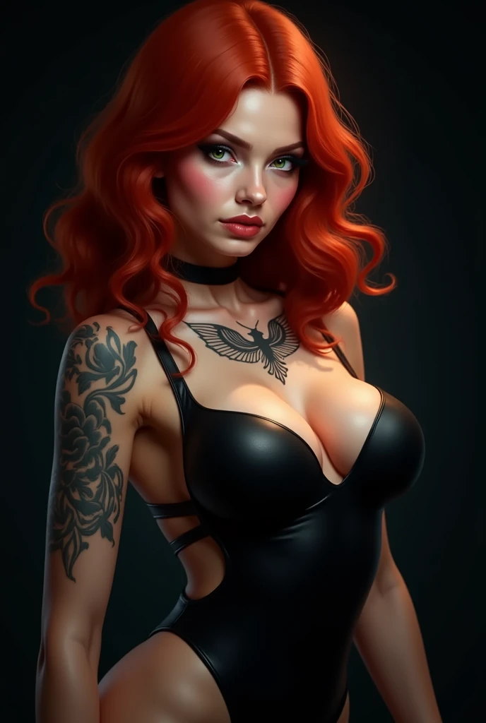巨作, The best quality, Ultra-high resolution, Beautie, Elegance, Elegance, Award-winning art, a woman with many tattoos, portrait of a beautiful, Half naked, travis charest style, Red lips, Silence in chaos, model posture in fashion shows, Blue eyes, Red lips, Dark theme, visual shock, Gorgeous