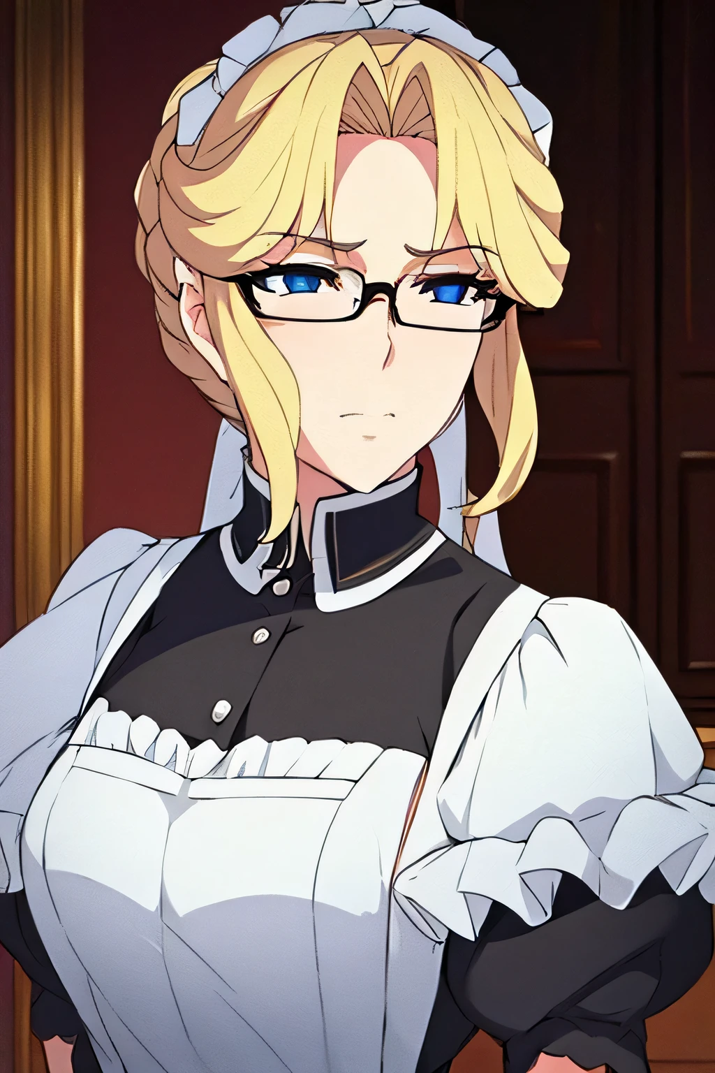A highly detailed portrait of a mature French maid with a stern, composed expression. She has neatly arranged blonde hair pulled back, wearing classic French maid attire with no exposed skin. Thin glasses frame her sharp, piercing eyes. Her posture suggests discipline and hidden strength. The background hints at an elegant, slightly faded aristocratic interior. Ultra-realistic textures, cinematic lighting, 4K resolution.


























































