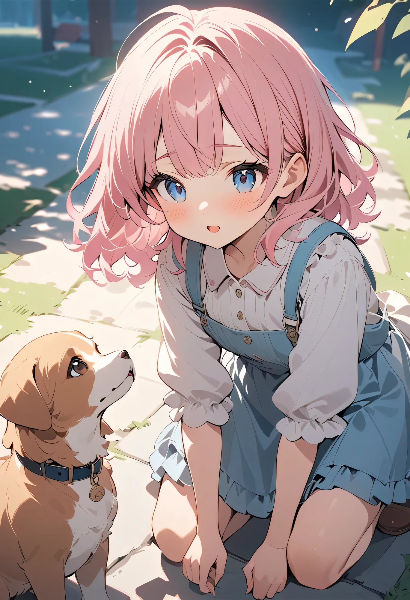 best quality、 high resolution、( high definition:1.2)、masterpiece、 detailed background、Realistic、 RAW photos 、Park in the evening、A girl finds a puppy screaming 「Kun Kun」 under her feet、 crouching and looking at each other 、「 what's wrong ? I wonder if I'm lost at my feet ?」 while gently calling out to say something warm 、 、 、 gently stroking the puppy's head 、 cute
