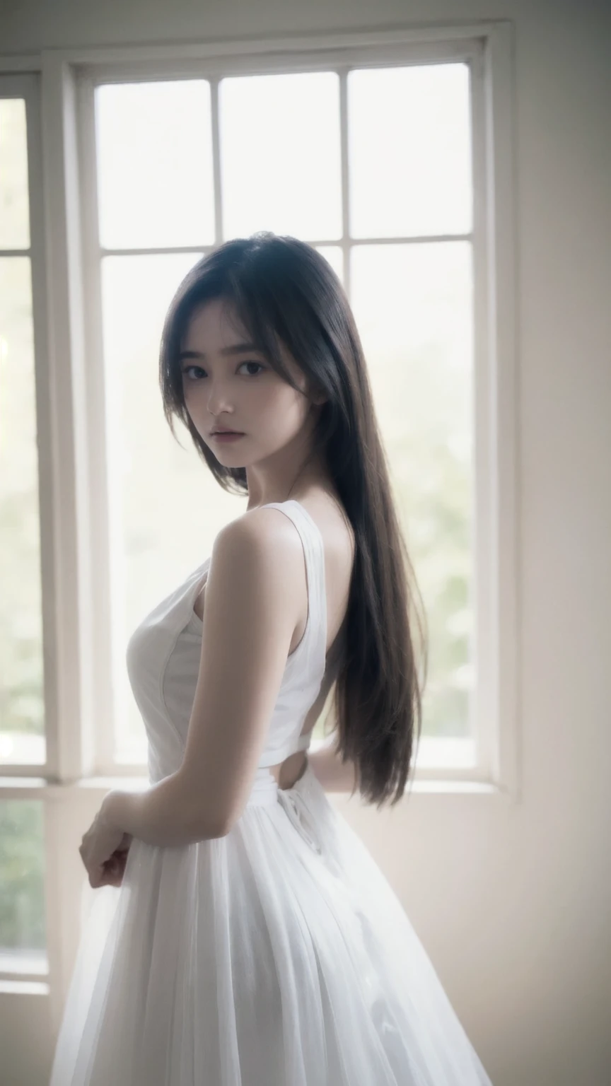 A beautiful Japanese girl character stands by the window、A scene where the character is gazing into the distance with a sad expression。The background is a pale blue light shining through the blinds.、Droplets of water sparkle around the character.。The thin white dress slid off her shoulders.、Shoulders and chest are exposed。The pose gives an introverted and fragile impression.、It expresses her delicate emotions.。The technique of illustration、The contrast of light and shadow is beautifully depicted.、Water droplets and skin texture are realistically reproduced.。The composition is neat and vertical.、The overall result is a super-realistic, live-action-like finish.