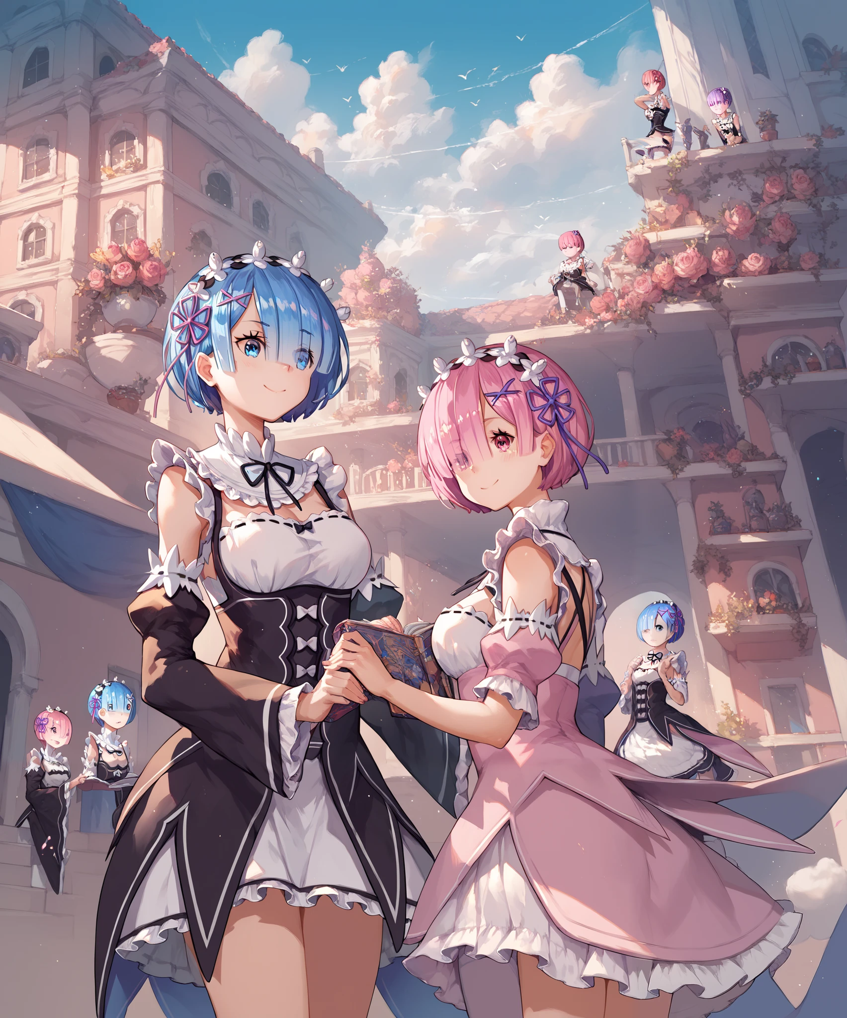 (score_9,score_8_up), score_7_up, score_6_up, score_5_up, source_anime, 2girl, ram \(re:zero\), rem \(re:zero\)