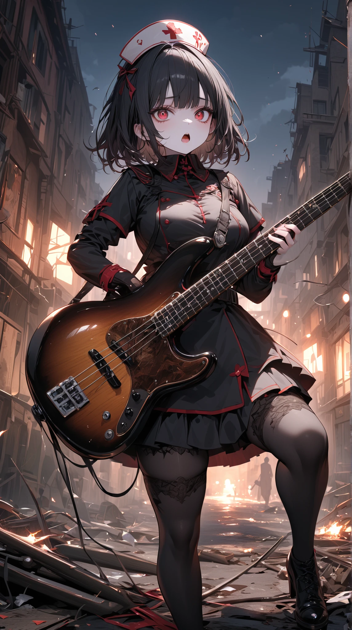 Masterpiece, best quality, 8k, very high quality CG wallpapers with high detail, high resolution, top- quality, top- quality real texture skin, hyperrealistic, upscaled, RAW Photos, best quality, high detail, wallpapers), break, 1 girl (20s, long black hair, dark nurse, nurse outfit holding bass guitar nurse hat playing bass guitar, stockings, red eyes, big eyes, sparkling eyes, evil, pointed teeth, open mouth, whole body, plump body, fair skin, pale skin, gothic, break, ruined hospital background, messy, night, dynamic pose, long shot, landscape
