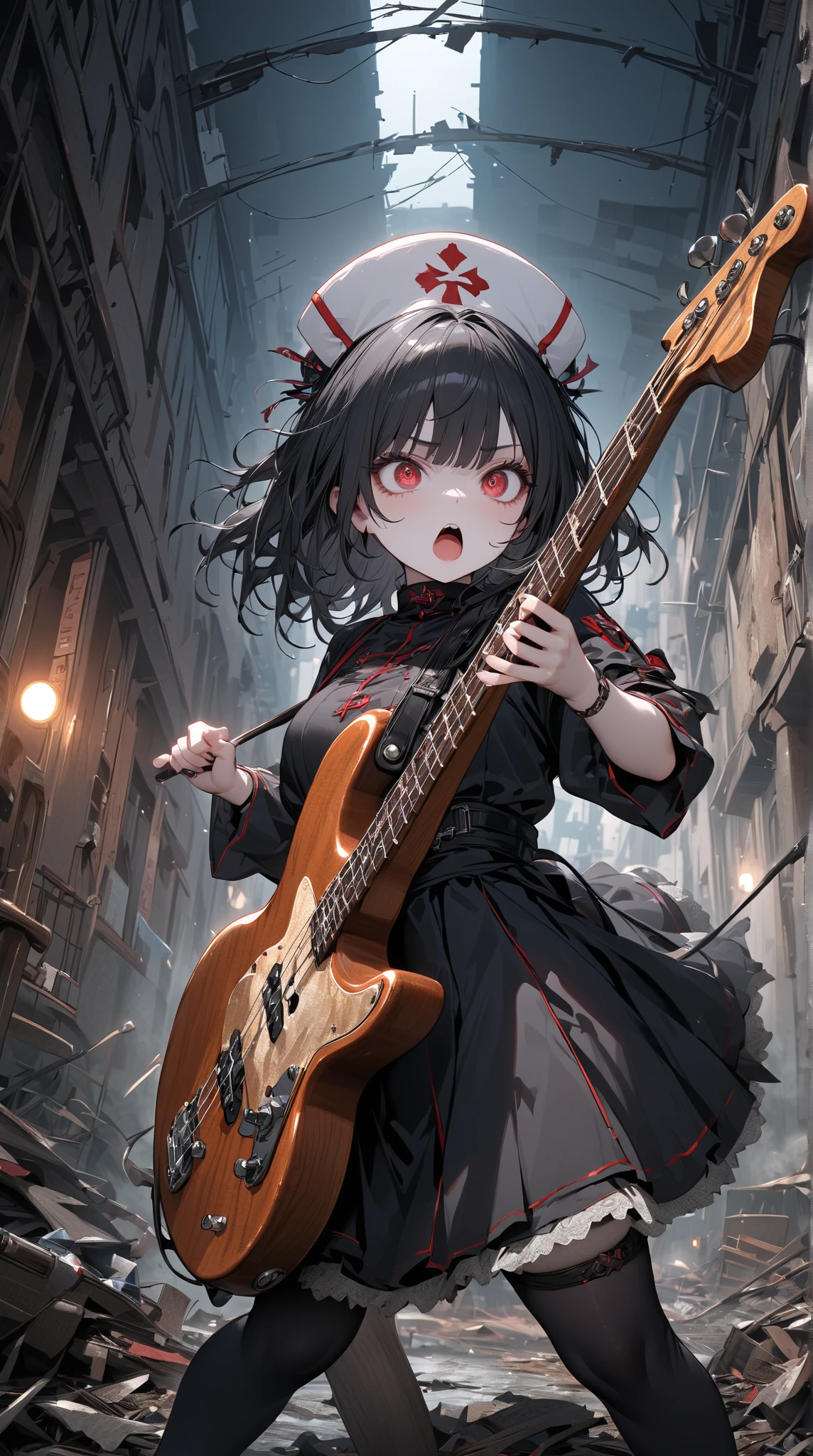 Masterpiece, best quality, 8k, very high quality CG wallpapers with high detail, high resolution, top- quality, top- quality real texture skin, hyperrealistic, upscaled, RAW Photos, best quality, high detail, wallpapers), break, 1 girl (20s, long black hair, dark nurse, nurse outfit holding bass guitar nurse hat playing bass guitar, stockings, red eyes, big eyes, sparkling eyes, evil, pointed teeth, open mouth, whole body, plump body, fair skin, pale skin, gothic, break, ruined hospital background, messy, night, dynamic pose, long shot, landscape