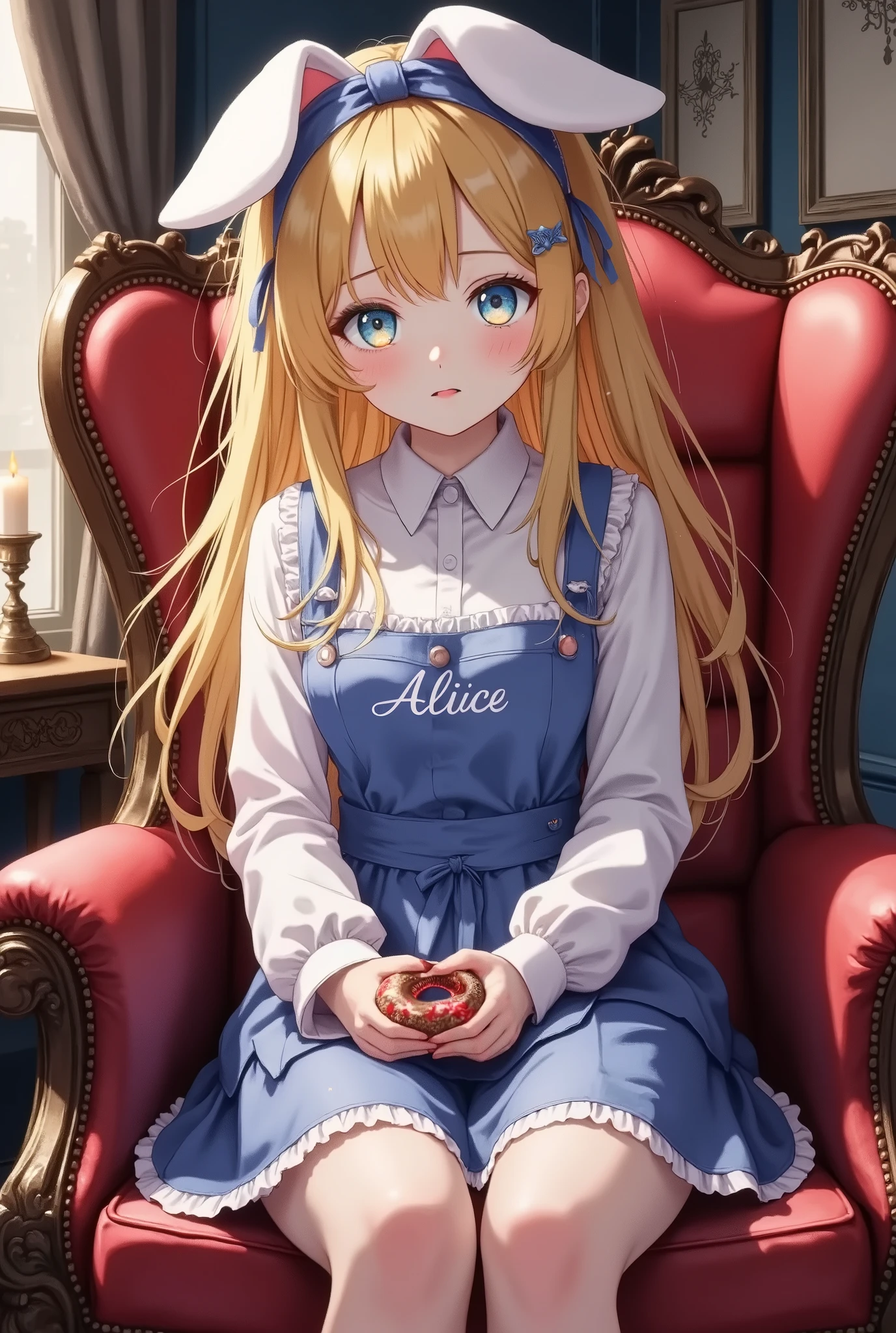 masterpiece, ultra-detailed,cute japan anime illustration, a blend of adorable and eerie aesthetics,Jiraikei, a young girl with striking, glowing blue eyes, her wide-eyed gaze filled with a mix of innocence and unsettling intensity. She sits on a luxurious red leather armchair with an ornate design, her blonde hair flowing messily, adorned with delicate rabbit ears that add a whimsical touch. Her soft blue apron, embroidered with the name "Alice," is stained with fresh, vivid red blood, creating a shocking contrast to her pristine white blouse and pink-striped stockings. Her trembling hands hold a chocolate donut, partially bitten, with faint smears of blood on its surface.
The background is dark and shadowy, with faint, dripping red streaks on the walls, enhancing the sinister atmosphere. The soft glow of a flickering candlelight illuminates her pale, doll-like skin, casting gentle shadows that highlight her delicate features. On the side table, a plate of desserts—perfectly crafted but stained with unsettling crimson—adds to the juxtaposition of sweetness and horror.
The lighting is dramatic, with sharp contrasts between the warm golden glow of the foreground and the cold, desaturated tones of the background. Subtle particle effects of floating dust and faintly glowing red embers drift through the air, adding depth and mystery. The reflective surface of the tiled floor enhances the eerie ambiance, mirroring the blood stains and amplifying their vividness.
Advanced techniques such as chiaroscuro and glazing are used to emphasize the interplay of light and shadow, while dynamic color grading heightens the surreal balance between cute and macabre. Soft bokeh effects blur the distant edges of the scene, keeping the focus on the girl's intense expression and the unsettling details around her. The entire composition is charged with an eerie charm and a haunting beauty, blending innocence with a chilling sense of unease.