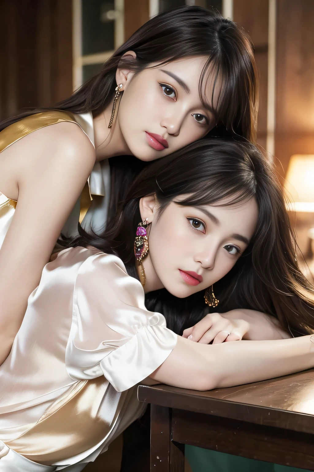 beautiful young women sitting together in a romantic taoist setting, wearing elegant chinese hair accessories, with partially see-through fabric revealing lace, gazing at each other intimately, highly detailed portrait, masterpiece, best quality, 4k, ultra-detailed, photorealistic, beautiful eyes, lips and facial features, elegant poses, perfect golden ratio composition, vibrant colors, dramatic lighting