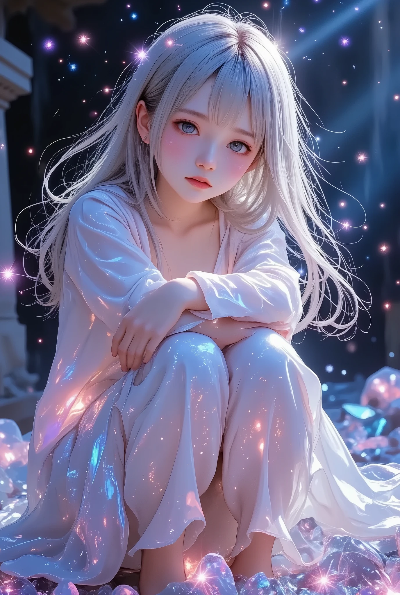 masterpiece, ultra-detailed, photorealistic, surreal composition, a fragile and otherworldly girl kneeling in a sea of shattered crystalline shards, her delicate crystalline skin shimmering with light that refracts and scatters in vivid prismatic hues, creating an ethereal glow that contrasts with the dark, ambient background. Her expression is filled with melancholic beauty, her translucent, tear-streaked cheeks reflecting faint glimmers of light, and her soft white hair flowing gracefully around her shoulders, catching the faint, starlit illumination.
Her vulnerable pose, with arms crossed gently over her knees, exudes quiet solitude, while her soft, flowing white drapery appears almost weightless, fluttering slightly as if caught by an invisible breeze. The reflective shards around her scatter and amplify the ambient light, creating dynamic fragments of brightness against the deep, shadowy void. Subtle stardust drifts through the scene, enhancing the mystical allure and lending a dreamlike quality to the composition.
Dramatic lighting emphasizes the interplay between light and shadow, with radiant light beams piercing through the cracks in her crystalline form, casting shimmering, kaleidoscopic patterns onto the reflective surface below. Soft volumetric lighting and glowing particles blend seamlessly with the delicate translucency of her skin, creating an atmosphere that is both serene and heartbreakingly fragile. The environment is imbued with a melancholic yet mystical energy, as if the scene captures a fleeting moment of profound beauty and quiet despair.
Advanced techniques such as glazing and airbrushing enhance the subtle transitions between light and shadow, while dynamic lighting and vibrant color grading intensify the surreal and cinematic feel of the composition. The interplay of luminous shards, refracted light, and soft textures creates a sense of broken elegance, with every detail meticulously crafted to convey vulnerability, ethereal beauty, and