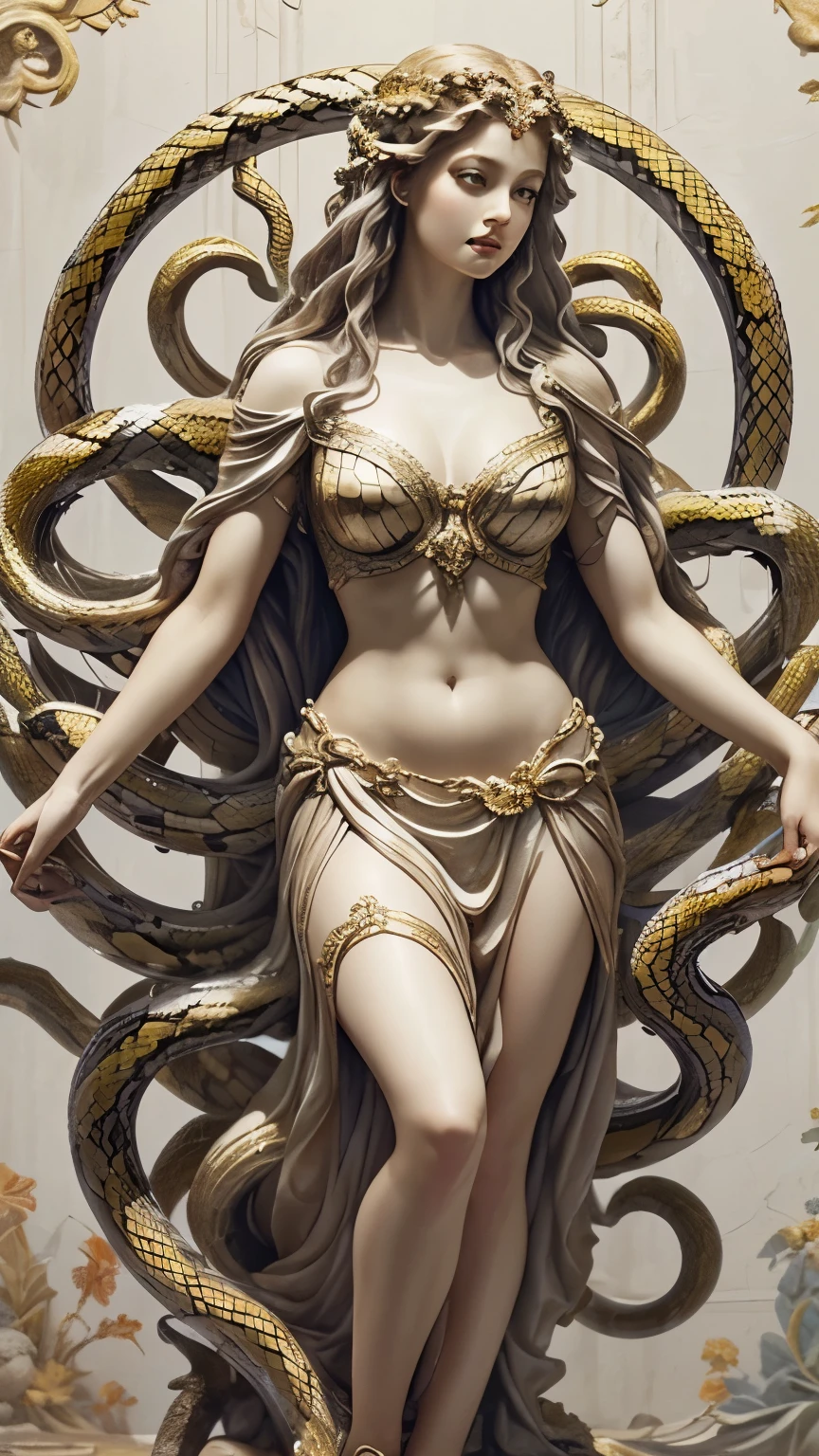 A beauttiful medusa woman wearing a revealing white toga, she has snakes for hair, snake hair, best quality masterpiece, realistic photo, intricately detailed, 8k, HDR, shallow depth of field, wide light, high contrast, backlight, light flares, chromatic aberration, sharp focus, RAW color photo, looking at the camera, various poses