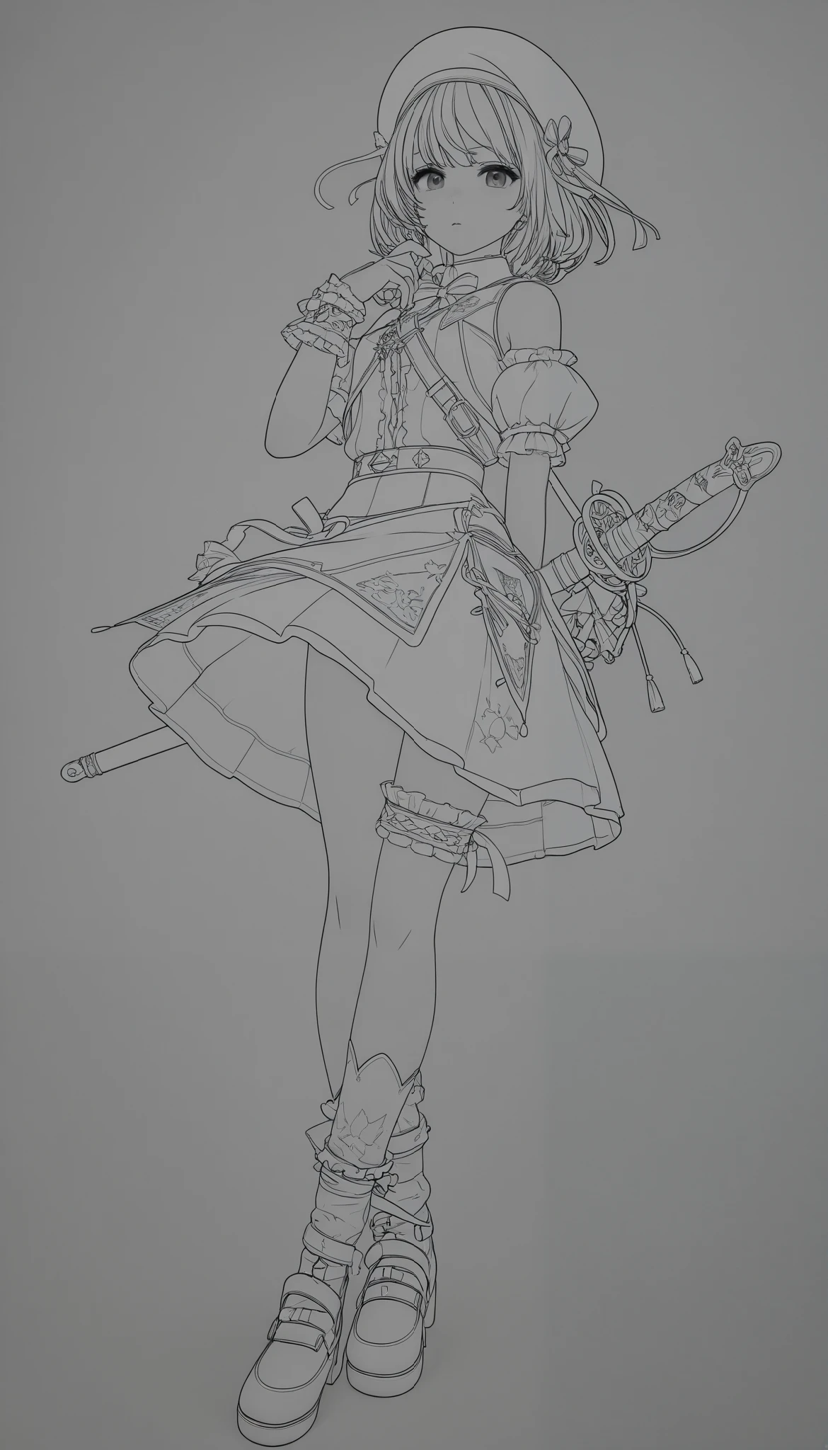 a drawing of a woman in a dress with a sword, clean lineart, thick lineart, simple lineart, clean anime outlines, perfect lineart, bold lineart, outline sketch, intense line art, line sketch, lineart, thick black lineart, thick line art, lineart behance hd, line sketch!!, sharp lineart