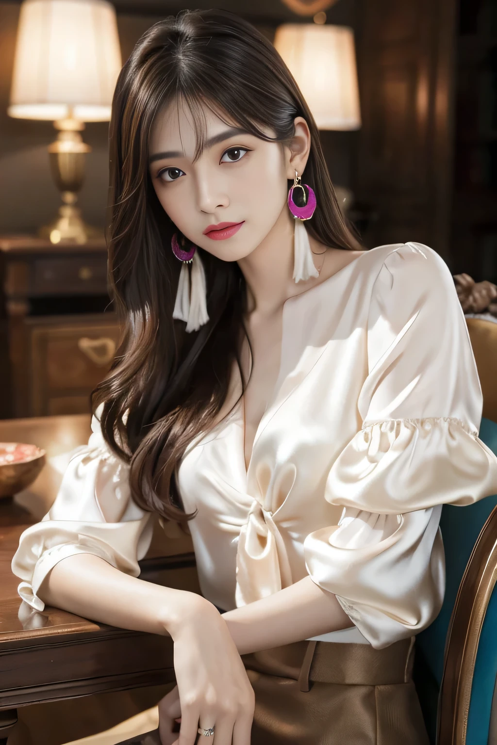 high quality, on the table, high resolution, 1 girl in, blush, (Seductive smile: 0.8), starpupil, Chinese Hanfu, hair accessories, necklace, jewelry, beauty, Sui_Body, Tyndall effect, actual, Shadow Room, light edge, Two-tone lighting, (High detail skin: 1.2), 8k ultra high definition, Slr, soft light, high quality, Volumetric lighting, photo, high resolution, 4K, 8k, background blur, real person