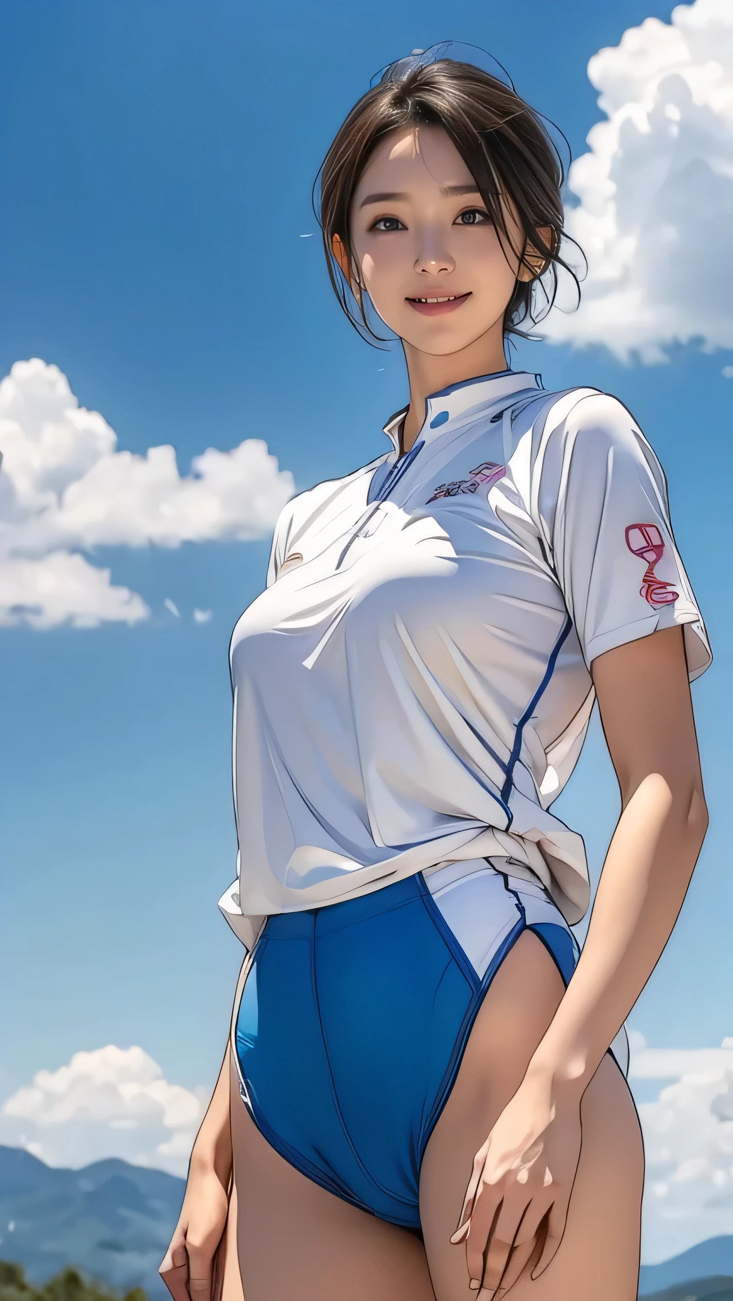 (masterpiece), Very realistic, A smile that seduces the viewer, (Beautiful female student wearing wet transparent cropped white and light blue sports uniform), The lower body and cameltoe are visible., short hair and white skin, (at the park), Close your hands, (Perfect Anatomy), 8k resolution, wonderful, elegant, Hyperrealism, Approaching perfection, dynamic, Very detailed, Smooth, Ultra-high resolution, Alchemy Smooth Upscale Images ,HD resolution, High Quality Boost, Contrast Boost, Professional alchemy,