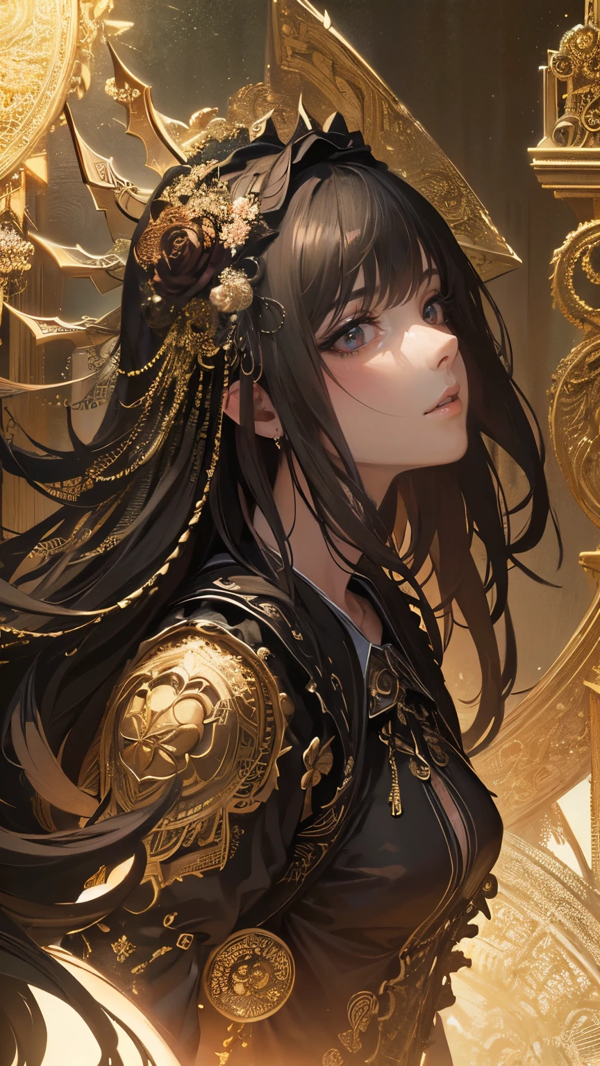 (masterpiece, Highest quality, Very detailed, Best Shadow), (Detailed Background,Dark fantasy), (Beautifully detailed landscapes), High Contrast, (Best lighting, Very delicate and beautiful), ((Cinematic Light)), colorful, Hyper Detail, Dramatic Light, Intricate details, Dynamic Angle), Black light swirling around, Depth of written boundary,black light particles,(Broken glass),magic circle,water,huge clocks,zero,the sun and the moon,Landscape only,There are no people,Watch Center,A clock sinking in water,Blue glowing light,Huge tower and city