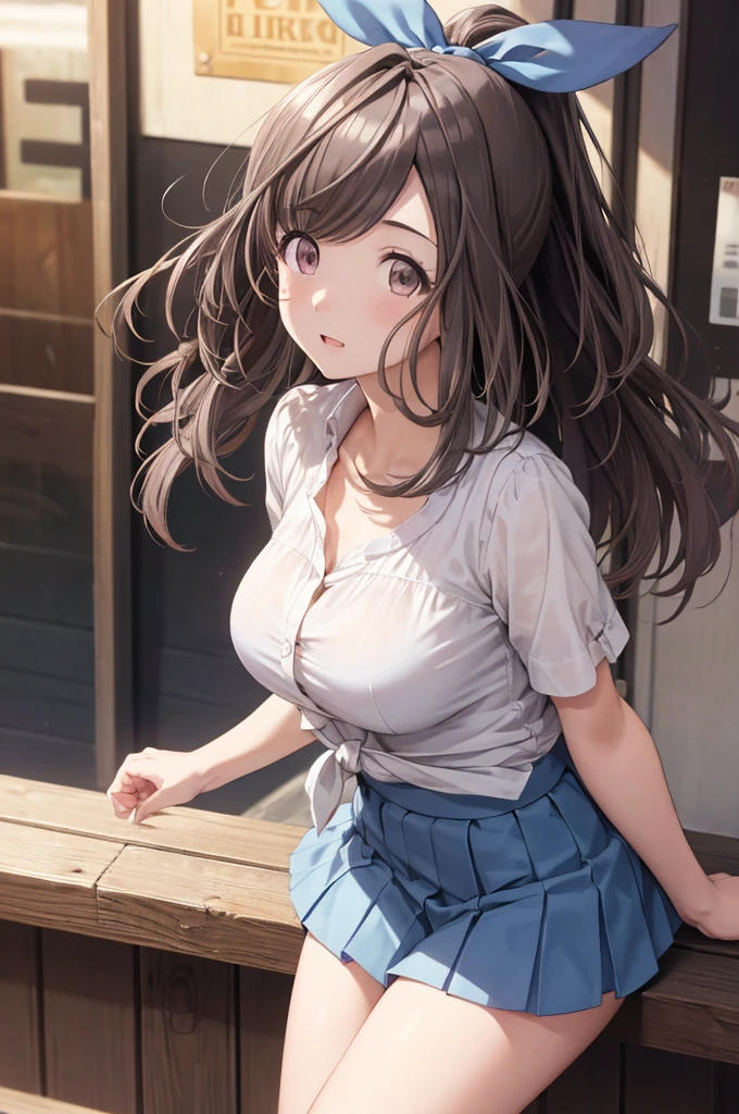 (High quality, High resolution, Fine details, Realistic), Long Wave Hair、dark brown hair、Earring、Modest necklace、White shirt with short sleeves,Pink flared skirt, crystal clear skies, Strong sunshine, Solo, Adult Woman, Sparkling eyes, Smile, blush, Large breasts, Oily skin, Shallow depth of field、Puffy nipple、Pose with chest emphasis in a slouching position、Holding the skirt with your hands