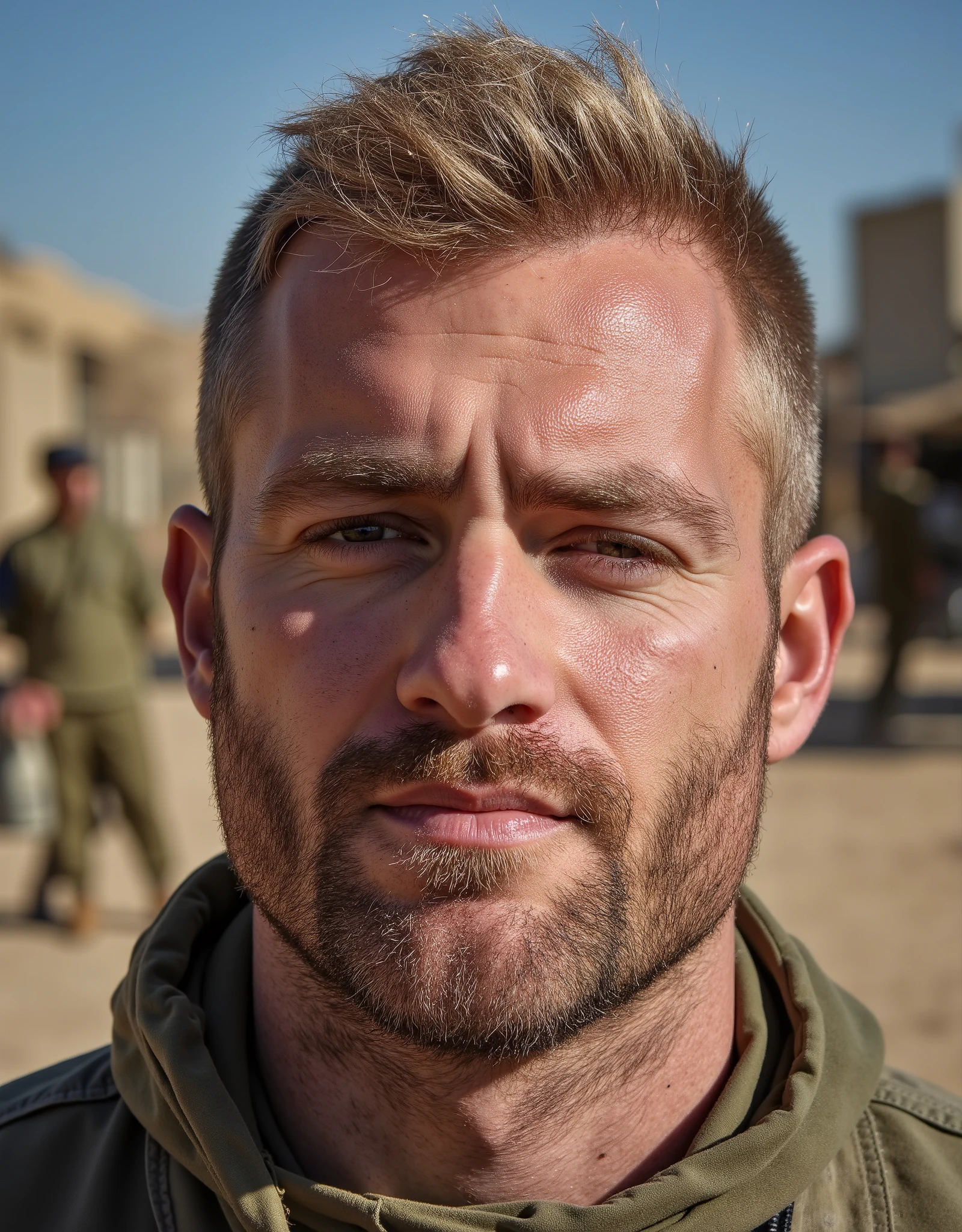 masterpiece, best quality, high resolution, closeup portrait, male focus, solo focus, A man, 36 years old, with military clothes, soldier, blonde bleached hair, messy hairstyle, cute and seductive face, bare chest, body hair, facial hair, roman nose, very skinny body, hairy legs, dimples, goatee and mustache, bold jawline , in the background a millitary camp and other soldiers, view from below, amazing composition, front view, HDR, ultra quality, elegant, highly detailed