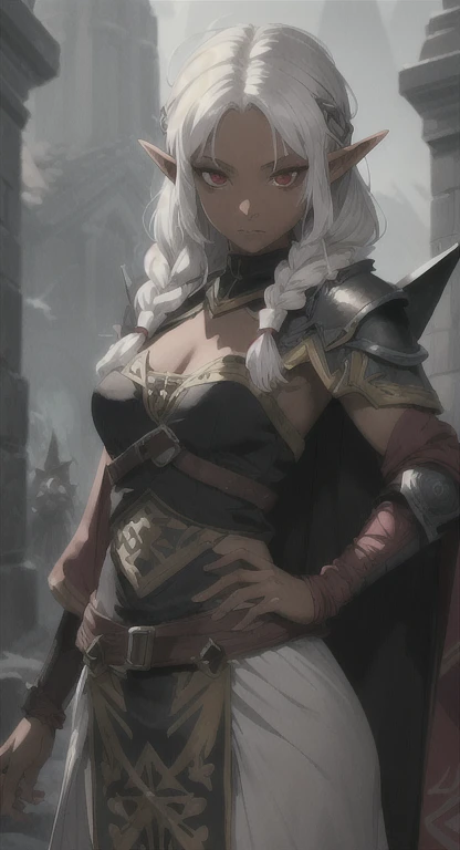 Knight armor, sword, skirt, huge tits, busty, silver hair, elf ears, hairpin, beauty mark under eyes, blue eyes, cleavage, long hair, intrincate details, detailed, masterpiece, best quality, 4K, HDR, royal hall, gothic building, upperbody,