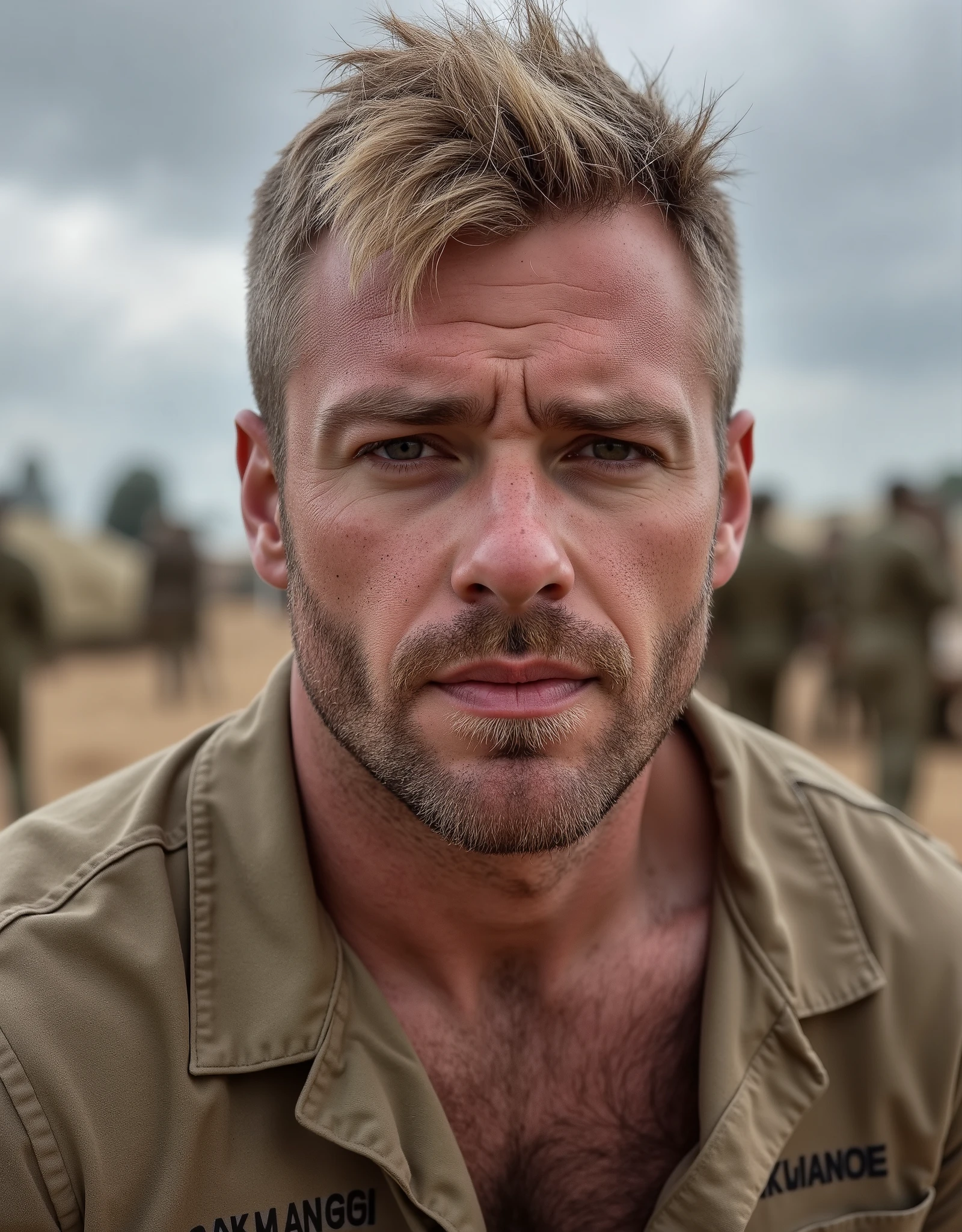 masterpiece, best quality, high resolution, closeup portrait, male focus, solo focus, A man, 36 years old, with military clothes, soldier, blonde bleached hair, messy hairstyle, cute and seductive face, bare chest, body hair, facial hair, roman nose, very skinny body, hairy legs, dimples, goatee and mustache, bold jawline , in the background a millitary camp and other soldiers, view from below, amazing composition, front view, HDR, ultra quality, elegant, highly detailed