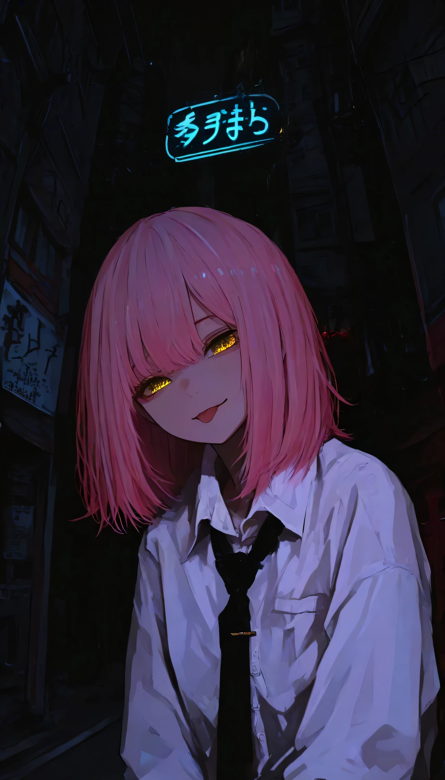 1 girl, long pink hair , Red Corner, white shirt , black tie, light smile , yellow eyes, Corneo_power,, building,shop,Town Street, Dark Skies, scenery, neon sign , night city , Japanese lyrics,, , is ridiculous, detailed eyes , extremely detailed outdoors, volumetric lighting, is present, is present lighting, 8k, Cinematic Lights, depth of coverage, perfection, hyper-detailed, photo is present, ultra is present, is present light, Strong lighting, complicated details, Stop Motion , tone mapping , sharp concentration, more details, Tilt Your Head, tongue