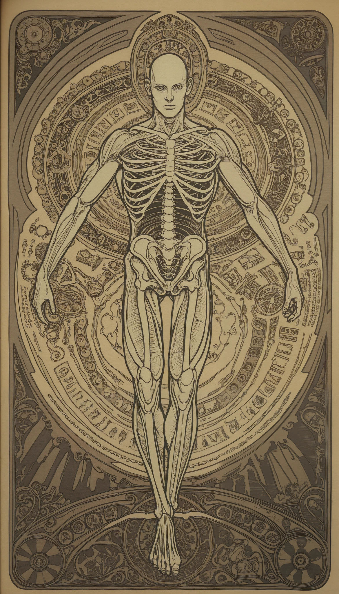 A sepia-toned anatomical drawing, reminiscent of Leonardo da Vinci's Vitruvian Man, is centered within a rectangular frame with a rough, textured border. The figure stands with arms extended outward, legs apart, and slightly turned to the right, forming a T-shape within the circular boundary. The human anatomy is intricately detailed with fine lines, showcasing muscles, skeletal structure, and other anatomical features. The man has curly hair and a serious expression, facing slightly forward. A large circular line encloses the entire figure, intersecting with a geometric square grid that divides the body into sections, creating a harmonious blend of art and science. Handwritten text in an old-style script fills the top and bottom sections of the image, written in a dark brown ink on the aged parchment-like background. The text is dense and difficult to decipher, consisting of multiple lines arranged in a curved formation. At the bottom center, there is a smaller handwritten inscription: 'tomato eplormo melo (a) in fina plex' in a cursive script. The overall effect is scholarly and historical, with a balanced exposure and moderate contrast, creating a documentary-style representation typical of Renaissance illustrations. The color palette consists of muted beige, brown, and dark brown tones, contributing to the vintage appearance and historical feel of the image.