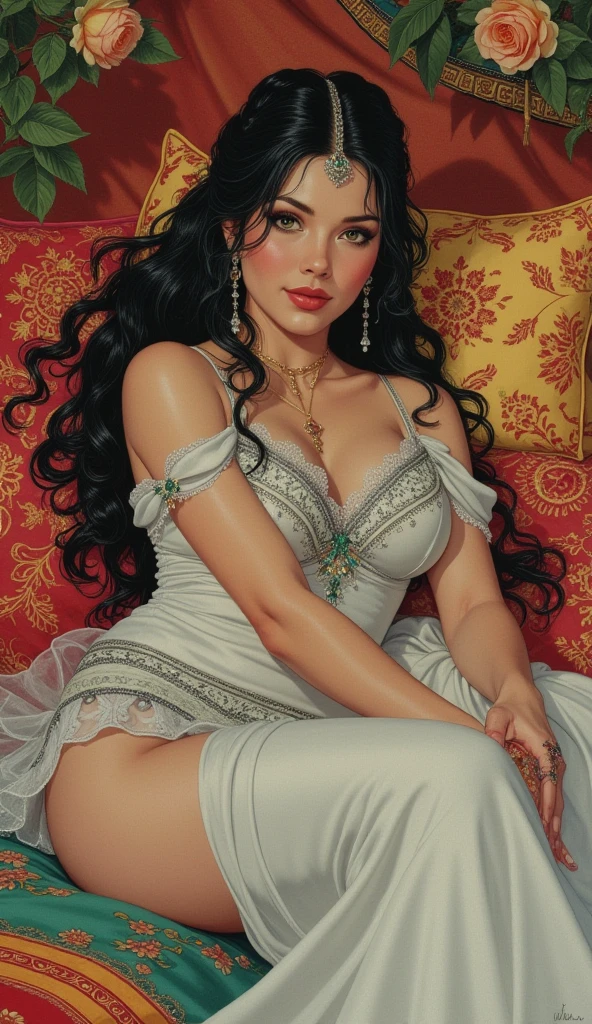 gothel, long black curly hair, red dress, blue eyes, clothing cutout, looking at viewer, serious, smiling,sitting, on sofa, spreading legs, inside decorated living room, romantic ambiance, high quality, masterpiece, <lora:GOTH-V2:.7>