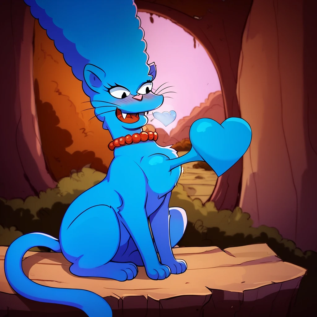 Marge Simpson, panther form, feral, blue fur, blue panther, elongated tail, animalistic pose, cartoon style, exaggerated features, up standing on all sitting, blue hair, beehive hairdo, red necklace, feral, open mouth, fangs,heartbeat-chest,heart-out-of-chest,